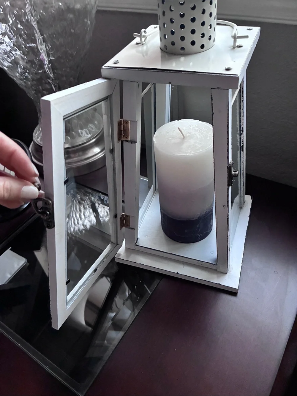 Distressed White Wooden Lantern with Two-Tone Candle - Rustic Accent